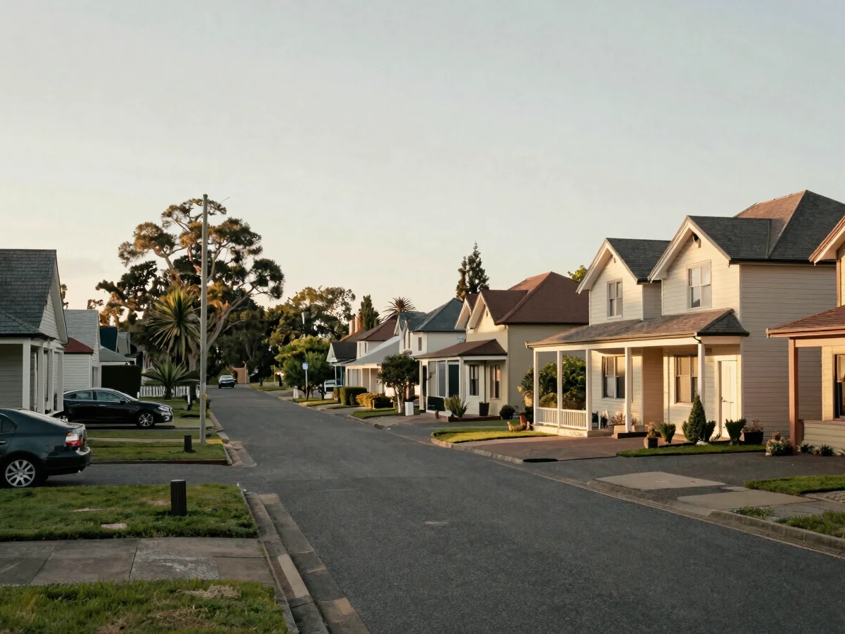 Quiet residential street in a Victorian regional town at golden h