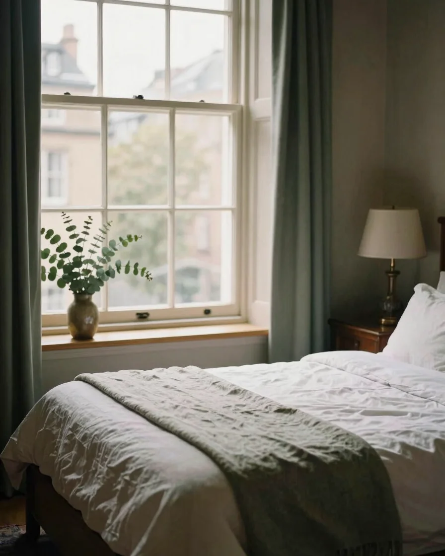 Soft natural daylight through the window of a calm, furnished Victorian terrace interior, neatly made bed and a folded l