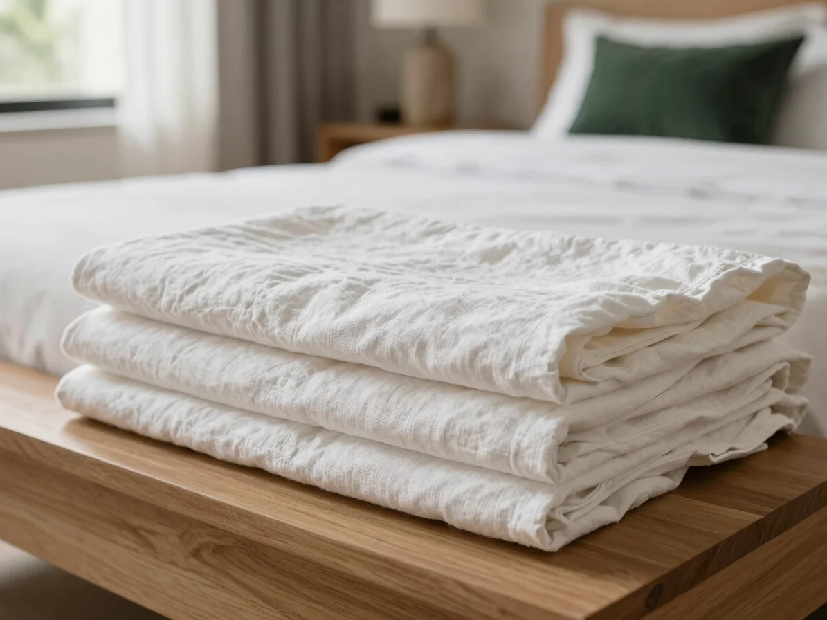 Close detail of neatly folded white linen on a timber bed in a br