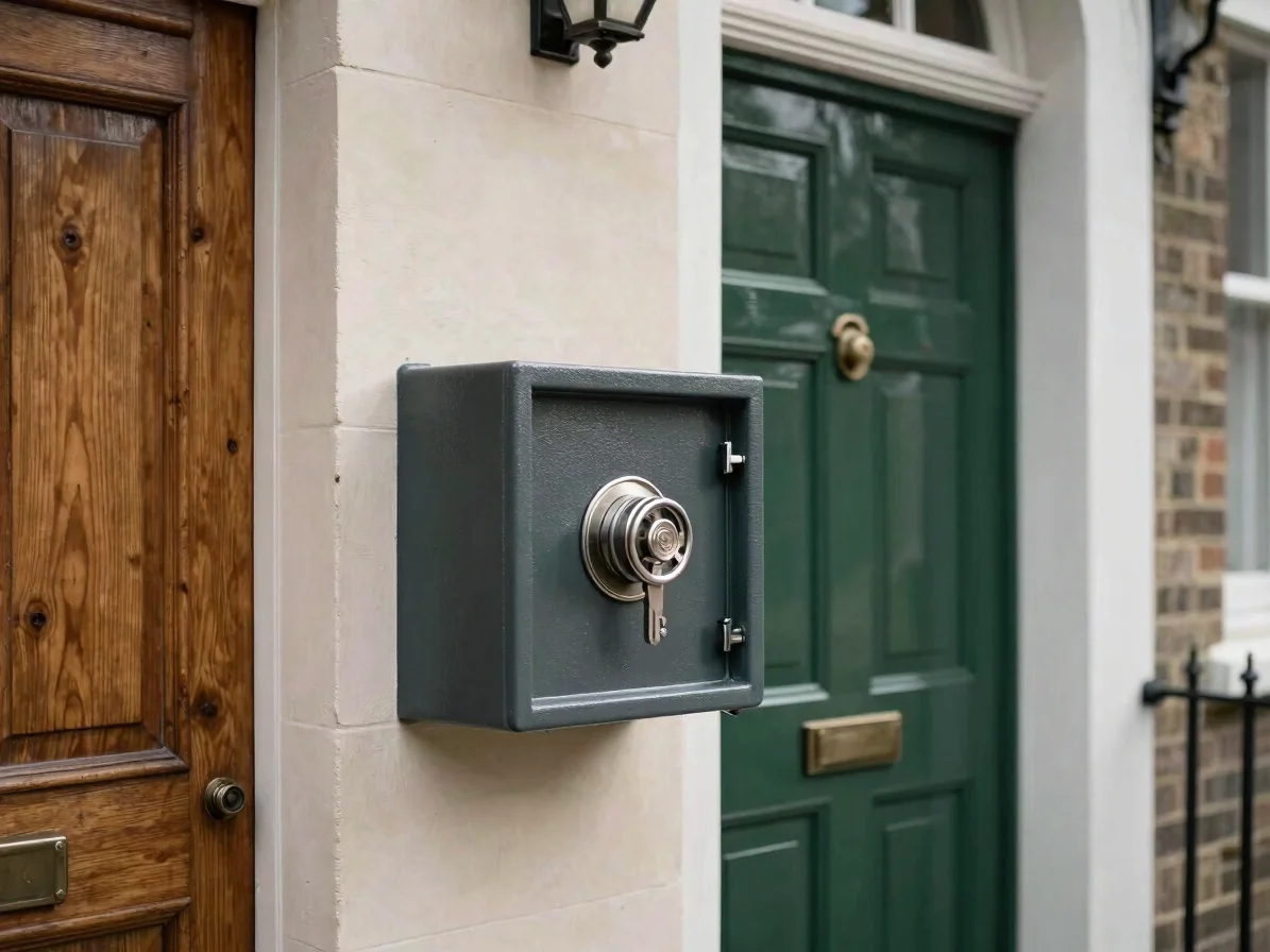 Close detail of a key safe mounted beside a timber entry door of