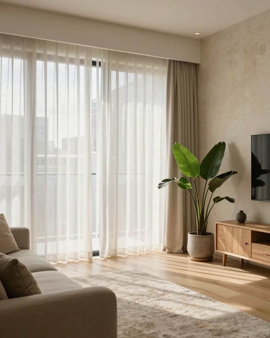 Wide editorial view of a bright, furnished apartment living room