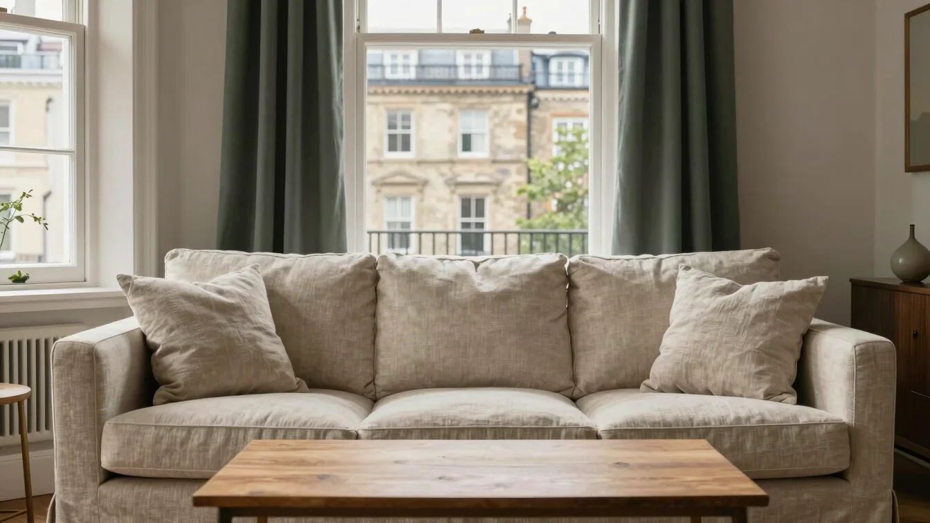 Calm interior of a furnished serviced apartment, neutral linen so